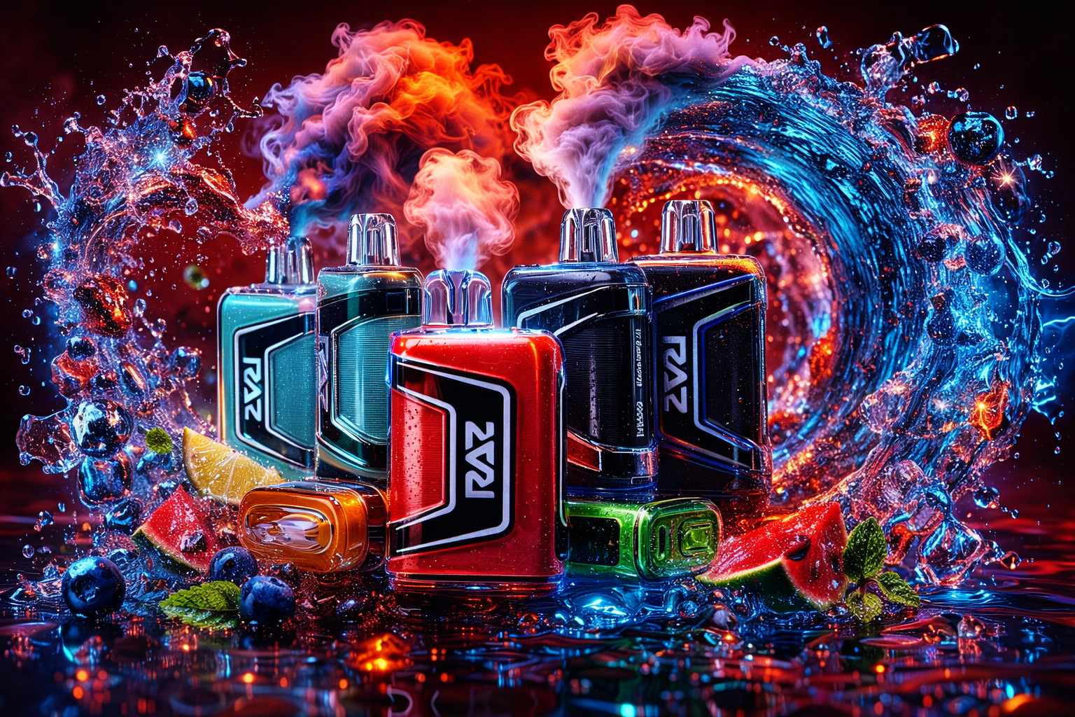 This is a vibrant and highly stylized product shot for RAZ disposable vapes, featuring a selection of devices arranged in a splash of water and smoke on a reflective dark red surface. Four standing vapes in colors of red, teal, black, and orange emit colored vapor clouds (pink-orange, orange, and blue) that form a dramatic arch over them. They are surrounded by realistic water splashes and a cluster of fresh fruits including watermelon slices, blueberries, and lime wedges.