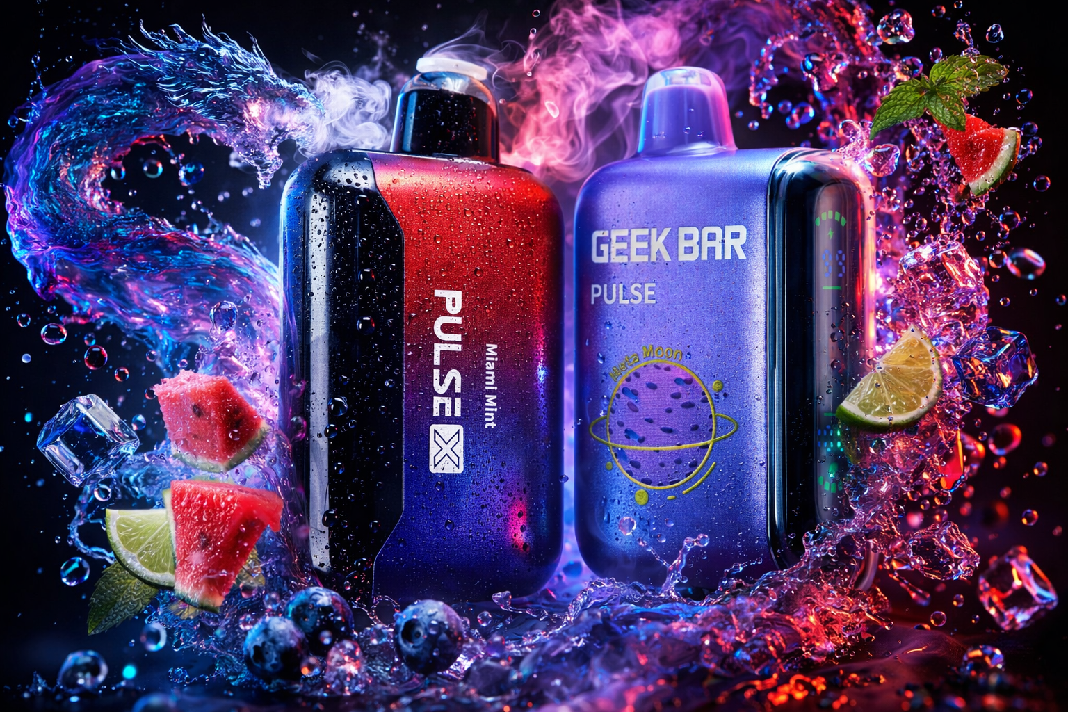 A vibrant digital graphic features two Geek Bar disposable vapes, a red and dark blue 