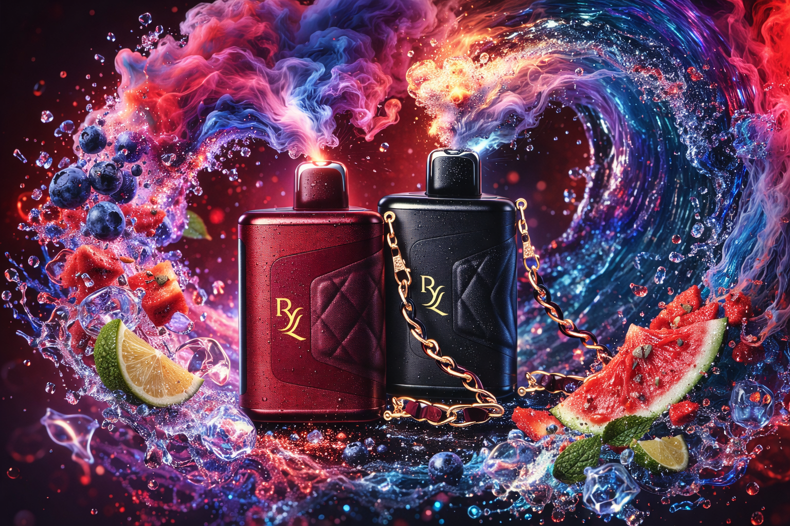 A luxurious promotional image features two elegant vape devices, one deep red and one black, both featuring a quilted leather-texture design and a gold monogram logo. A decorative gold chain loops across the black device, adding a high-fashion touch to the scene. The devices are framed by an explosive crest of multi-colored vapor and water splashes, filled with flying blueberries, ice cubes, lime wedges, and a fresh watermelon slice.