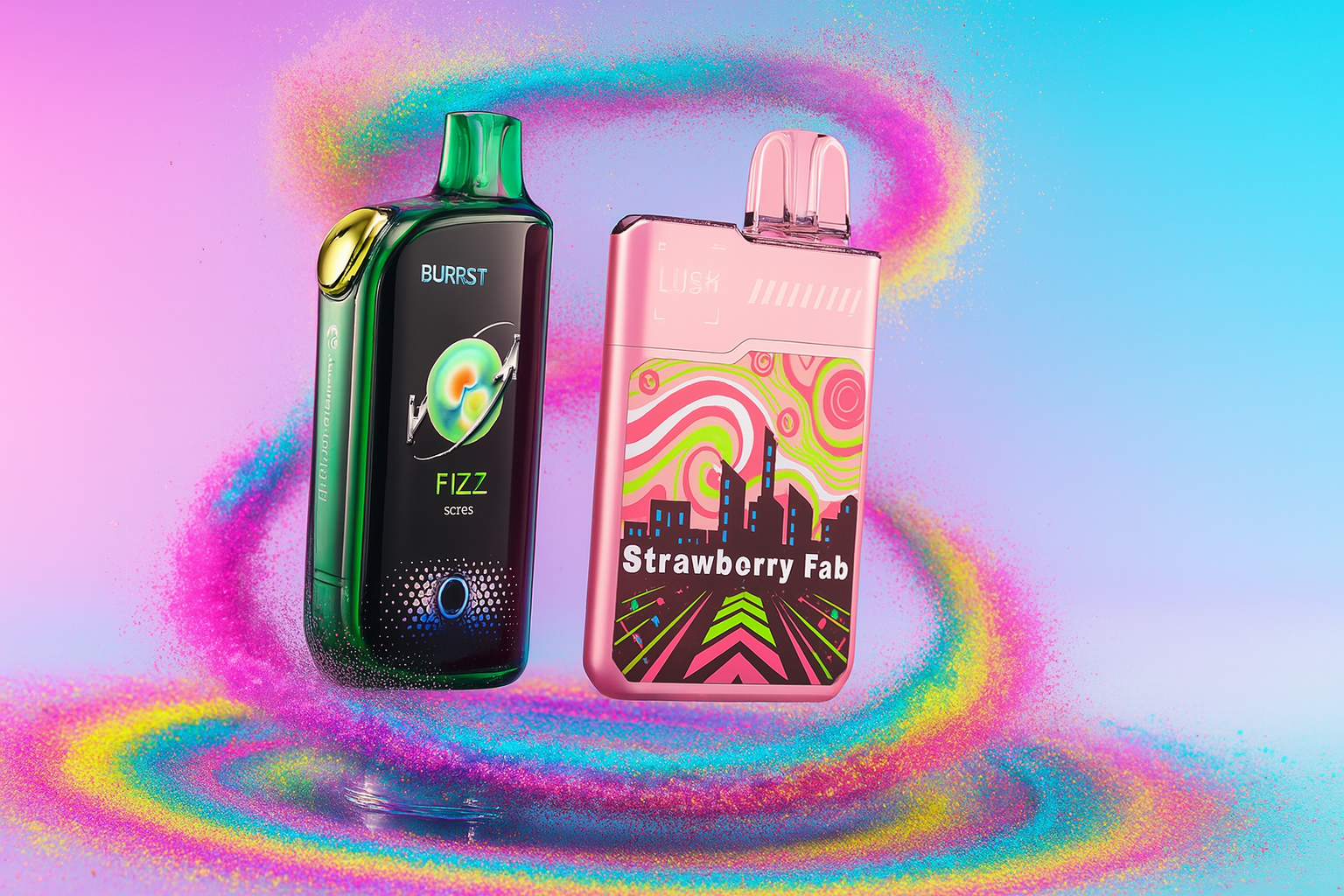 Two vapes, one dark green and one pink, are shown against a soft blue and pink background with swirling colorful powder.