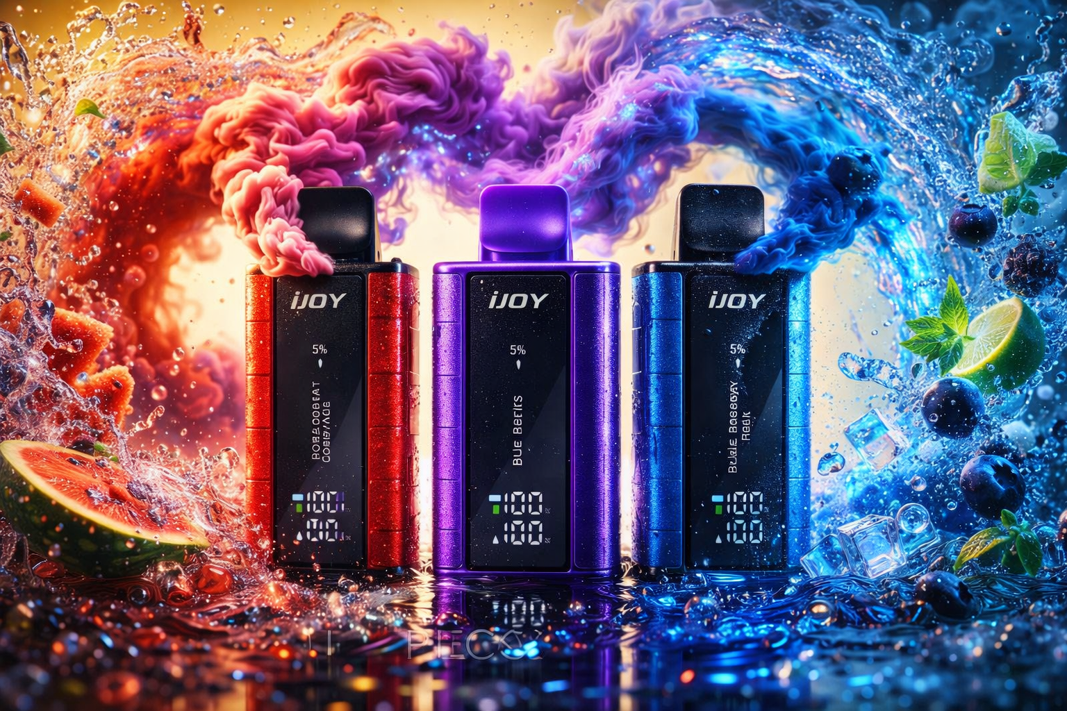 Three textured iJOY disposable vapes, colored red, purple, and blue, stand in a row with their digital displays showing a 100% battery status. Massive, colorful waves of pink, purple, and blue smoke erupt from the mouthpieces, forming a wide arc across the top of the frame. The devices are surrounded by a dynamic splash of water, ice cubes, and fresh fruits like watermelon chunks, lime slices, and blueberries reflecting off a wet surface below.