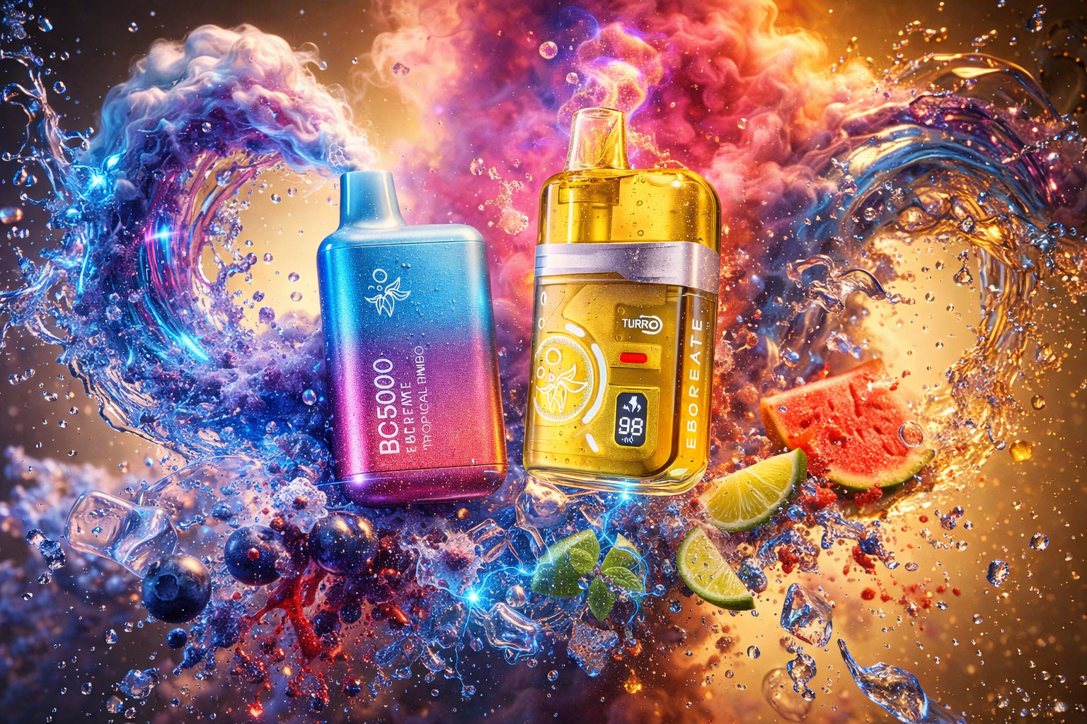 Two colorful disposable vapes float in the center of an explosive mix of swirling water, vibrant smoke clouds, glowing particles, and frozen splashes. Blueberries, watermelon slices, lime wedges, mint leaves, and floating ice cubes surround the devices, creating a dramatic tropical flavor atmosphere with bright neon blue, pink, orange, and gold tones. The image has a cinematic luxury style with ultra-detailed textures, glowing reflections, sparkling droplets, and dynamic energy effects that make the vapes look futuristic and premium.