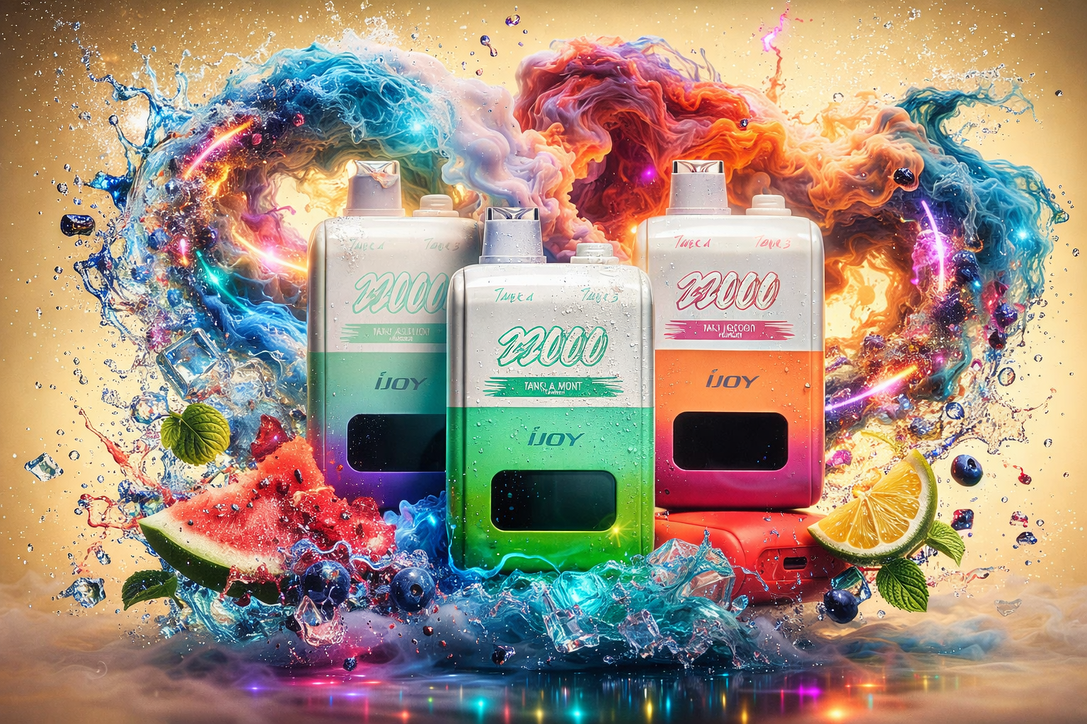 A colorful promotional image showcasing three iJoy disposable vapes surrounded by explosive clouds of vibrant vapor, splashing water, glowing neon effects, and floating ice cubes. Fresh watermelon slices, lemon wedges, blueberries, and mint leaves create a refreshing fruit-inspired atmosphere around the devices. The futuristic background features swirling cosmic smoke, bright liquid motion, and dramatic lighting that highlights the energetic and premium vape experience.