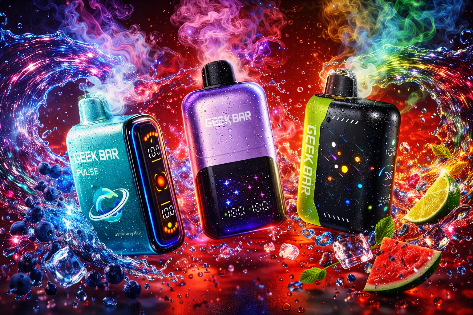 Three Geek Bar Pulse disposable vape devices are showcased side-by-side in teal, purple, and green-black colors against a highly dynamic background. They are surrounded by explosive splashes of water, scattered ice cubes, and fresh fruits including blueberries, lime wedges, and watermelon slices. Swirling, multi-colored clouds of vapor rise from the devices, while their digital screens glow brightly with starry patterns and numeric battery indicators.