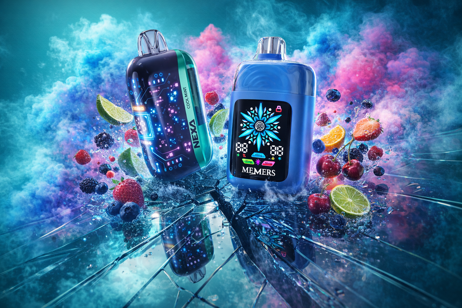 A vibrant, dynamic studio photograph showcases two advanced disposable vape devices, the NEXA Cool Mint and the MEMERS, hovering over a shattered mirror surface. Swirling blue and pink clouds of smoke create a futuristic and high-energy background, mirroring the intense colors of the products. A splash of fresh fruit, including lime wedges, strawberries, blueberries, and cherries, emphasizes the refreshing flavors and cool effect of the devices.