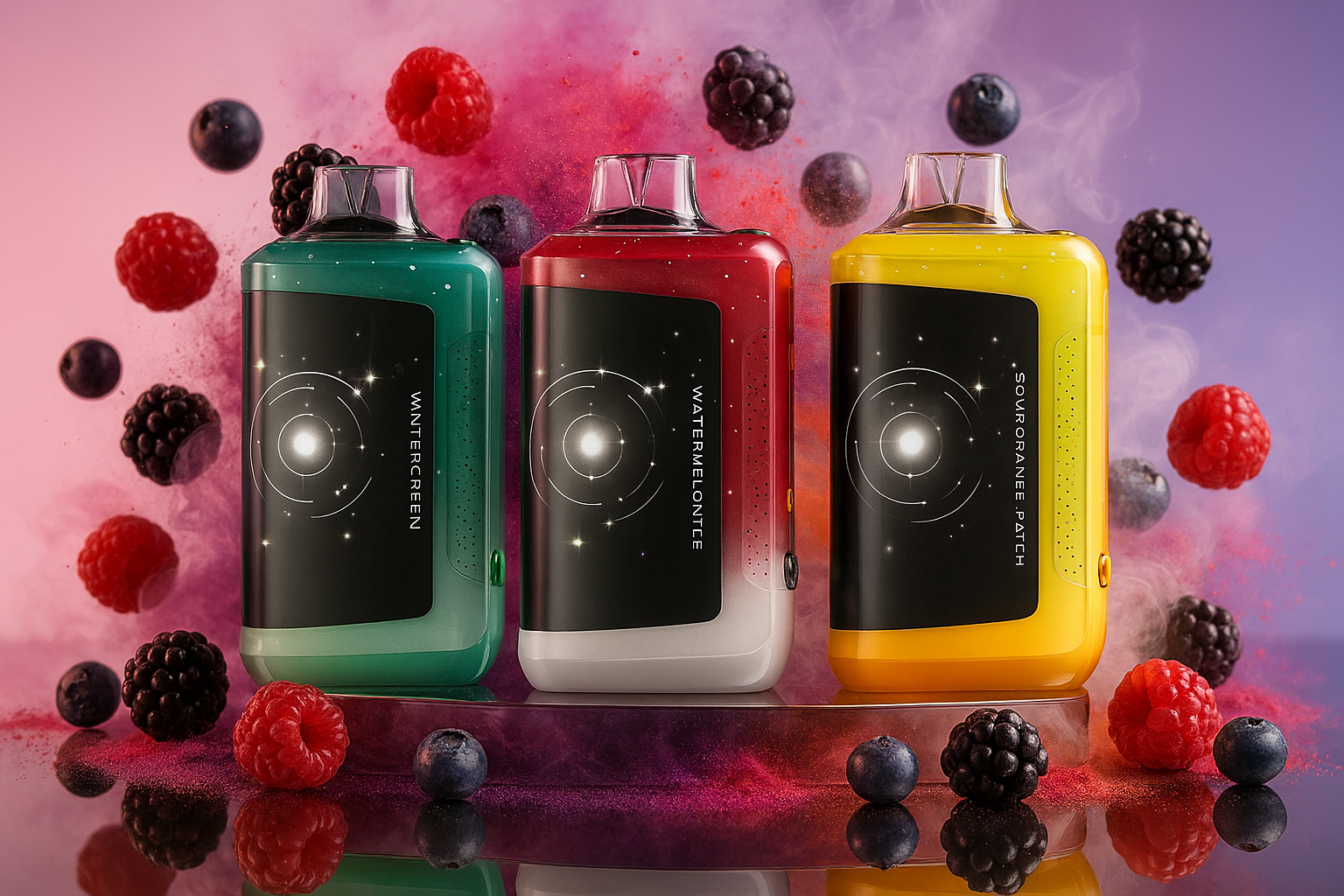 A product photograph shows three disposable vapes, colored green, red, and yellow, standing upright on a metallic platform. The vapes are surrounded by a variety of floating and scattered berries, including raspberries, blackberries, and blueberries. The background is a mix of pink and blue, with clouds of colorful powder, creating a dynamic and appealing scene that suggests fruity flavors.