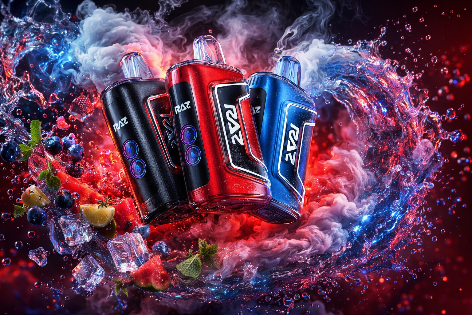 A dynamic product advertisement features three RAZ disposable vapes—colored black, metallic red, and blue—grouped closely together at a slight angle. Thick clouds of white and reddish-pink smoke swirl behind and underneath the devices against a dark red backdrop. A powerful wave of splashing blue water circles the vapes, carrying scattered ice cubes, fresh mint leaves, blueberries, and watermelon pieces.