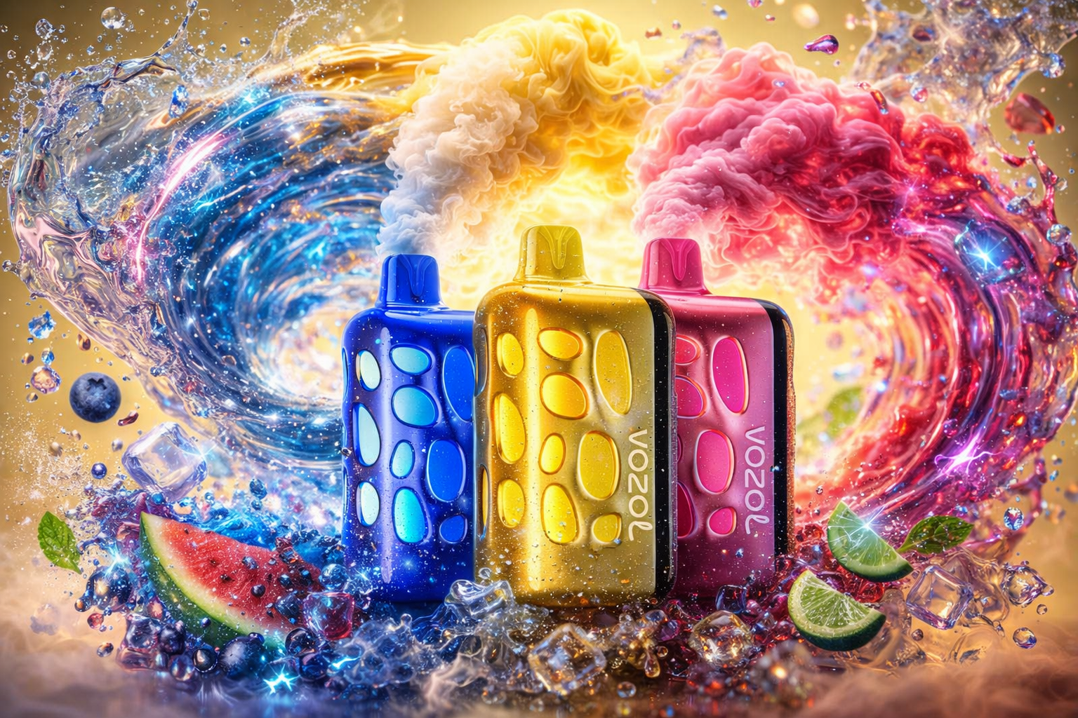 Three VOZOL disposable vapes with a distinct pebble-textured design, colored blue, gold, and pink, are arranged side by side. Thick, swirling plumes of white, golden, and magenta vapor erupt from their mouthpieces, blending into massive waves of splashing water and bright sparks in the background. The devices are surrounded by a dynamic explosion of ice cubes, mint leaves, blueberries, watermelon slices, and lime wedges scattered across the bottom.