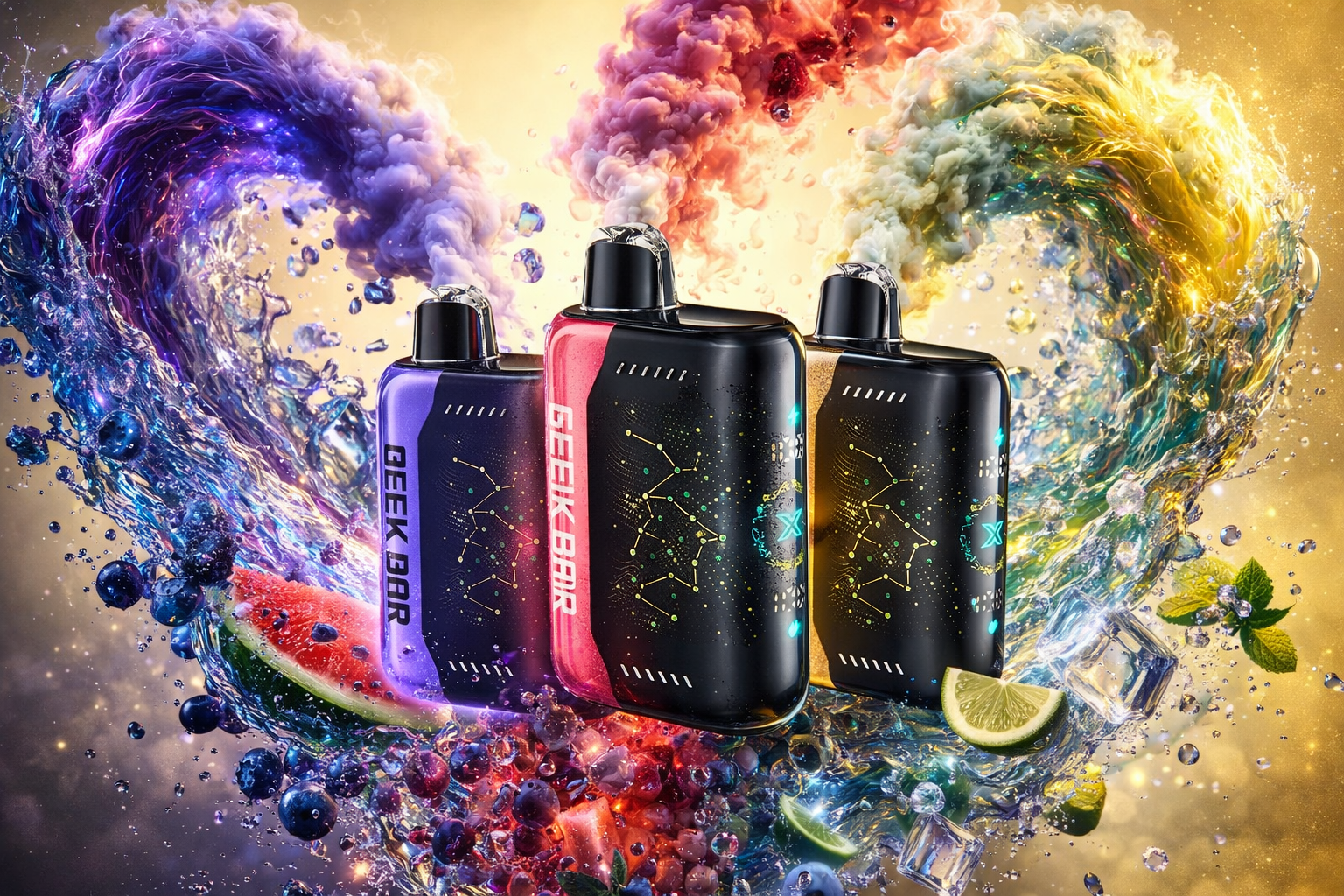 A dynamic central grouping of three disposable Geek Bar vapes in purple, red, and gold is framed by an explosive, heart-shaped wave of multi-colored smoke and water. Thick clouds of purple, red, and yellow smoke erupt upwards, while a wave of water with lime slices, blueberries, and watermelon wedges creates a bottom-up arch, filled with ice cubes. The entire composition features splashing water, a reflective wet surface, and numerous scattered fruits, with intricate constellation-like patterns on the devices, all against a warm, gold gradient background.