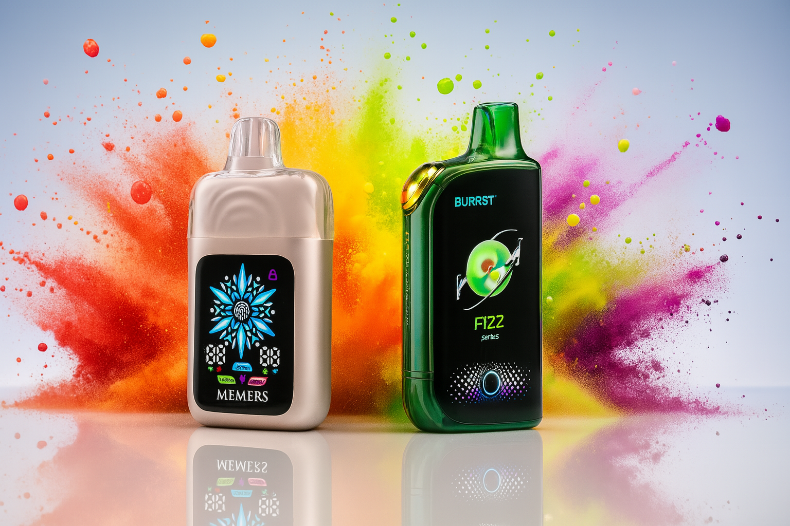 A silver Memers vape and a dark green Burrst Fizz vape stand on a reflective surface against a background of a colorful powder explosion and floating droplets.