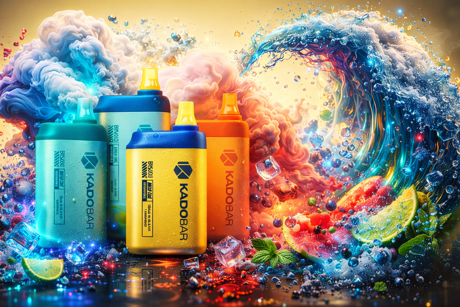 A group of four colorful Kadobar disposable vapes in shades of teal, yellow-and-blue, and orange are arranged on a wet, reflective surface covered in water droplets. To the left, large clouds of blue and pastel pink smoke billow upwards, while a massive, stylized ocean wave crashes from the right side of the frame. The energetic scene is filled with splashes of water, scattered ice cubes, mint leaves, and fresh slices of lime and watermelon.