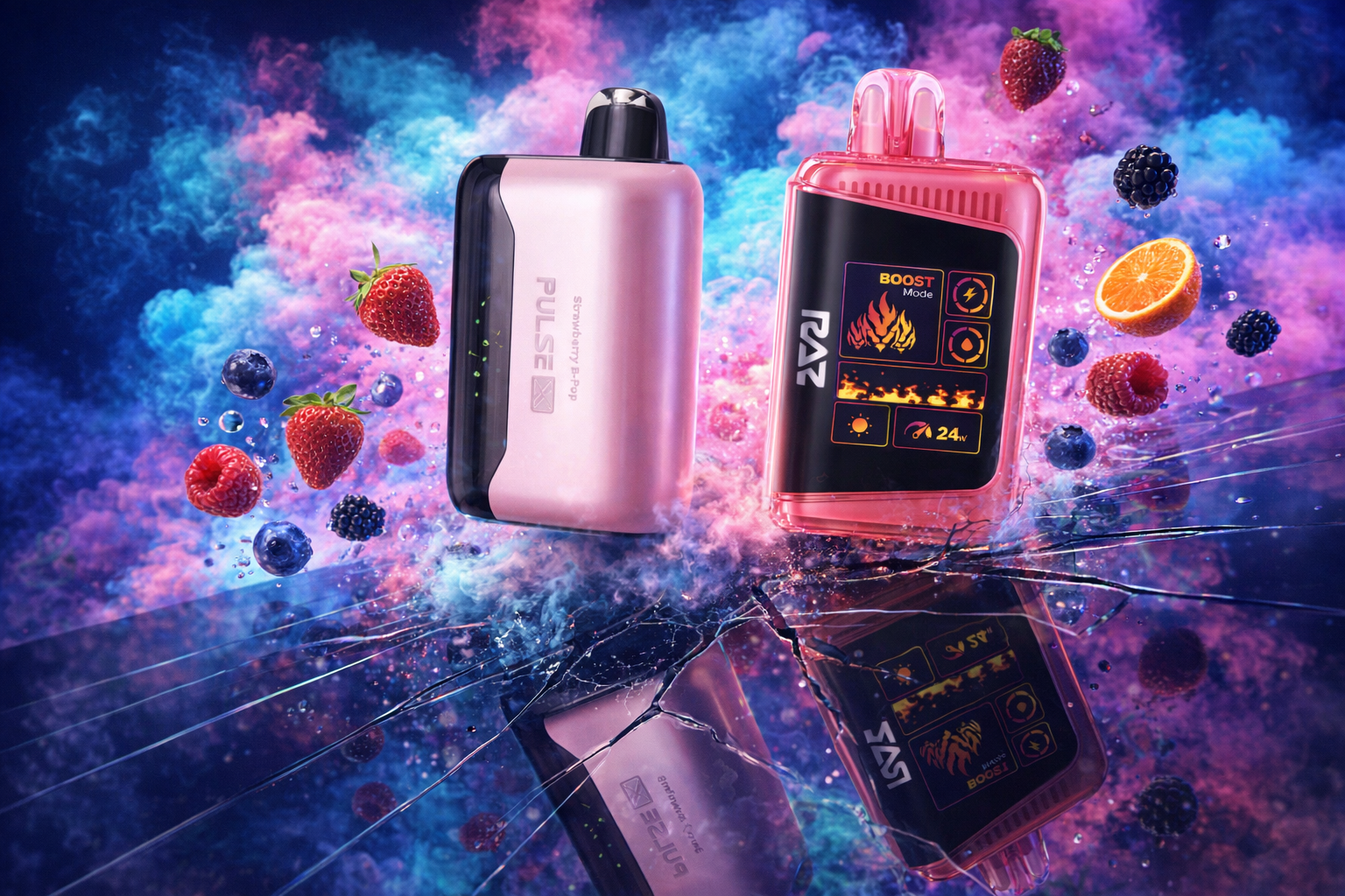 A vibrant, dynamic studio photograph showcases two RAZ vaping devices floating against a swirling cloud of pink, blue, and purple vapor. Scattered around the devices are various fresh fruits, including strawberries, raspberries, blueberries, and an orange slice, with a few water droplets suspended in the air. The devices rest on a cracked reflective glass surface, which displays a clear, inverted reflection of the two RAZ vapes and the vibrant vapor cloud.