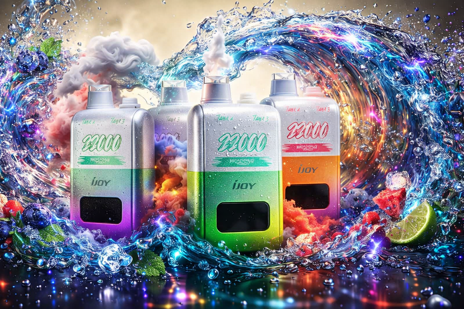 A group of metallic iJOY disposable vapes featuring the number 22000 stand amidst an explosive splash of water and colorful vapor clouds. Brightly colored waves swirl dramatically around the devices, carrying ice cubes, lime slices, blueberries, and mint leaves. The entire scene rests on a dark, reflective surface covered in glistening water droplets and vibrant neon light highlights.