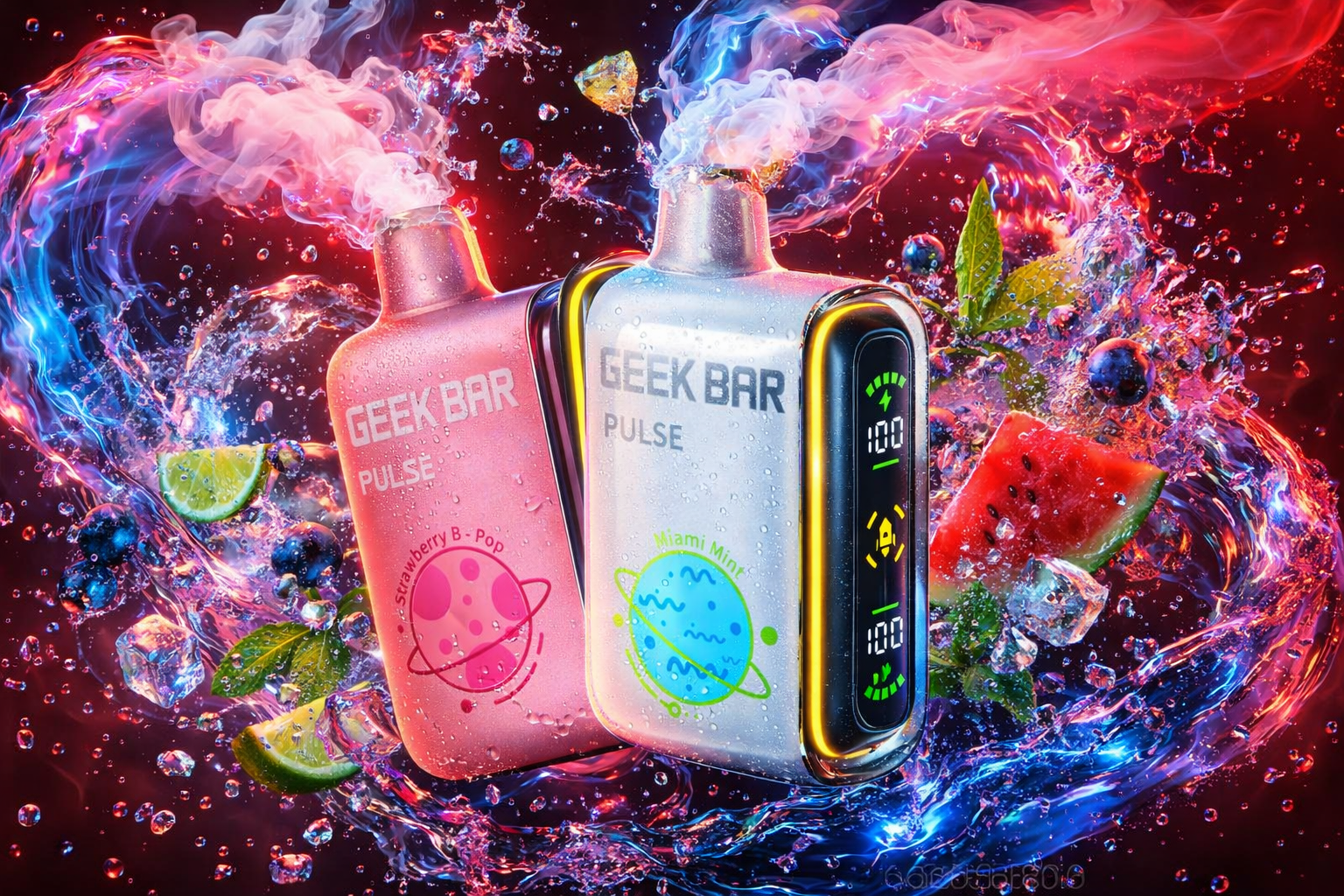 A vibrant promotional image displays two Geek Bar Pulse vapes, one pink labeled 