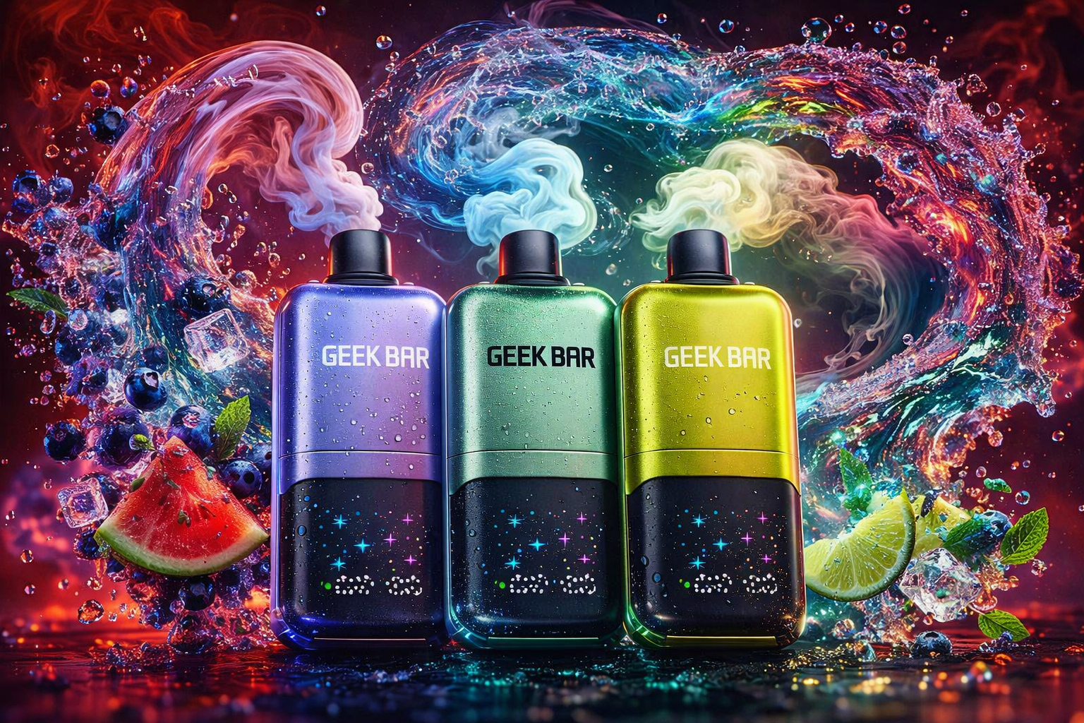A dynamic promotional graphic features three Geek Bar vape devices in purple, metallic green, and yellow-gold lined up against a dark background. Thick, multi-colored streams of vapor erupt from the mouthpieces, weaving into a chaotic splash of water droplets and cosmic dust. The scene is anchored by fresh flavor ingredients, including a watermelon slice, blueberries, ice cubes, and lime wedges scattered at the base.