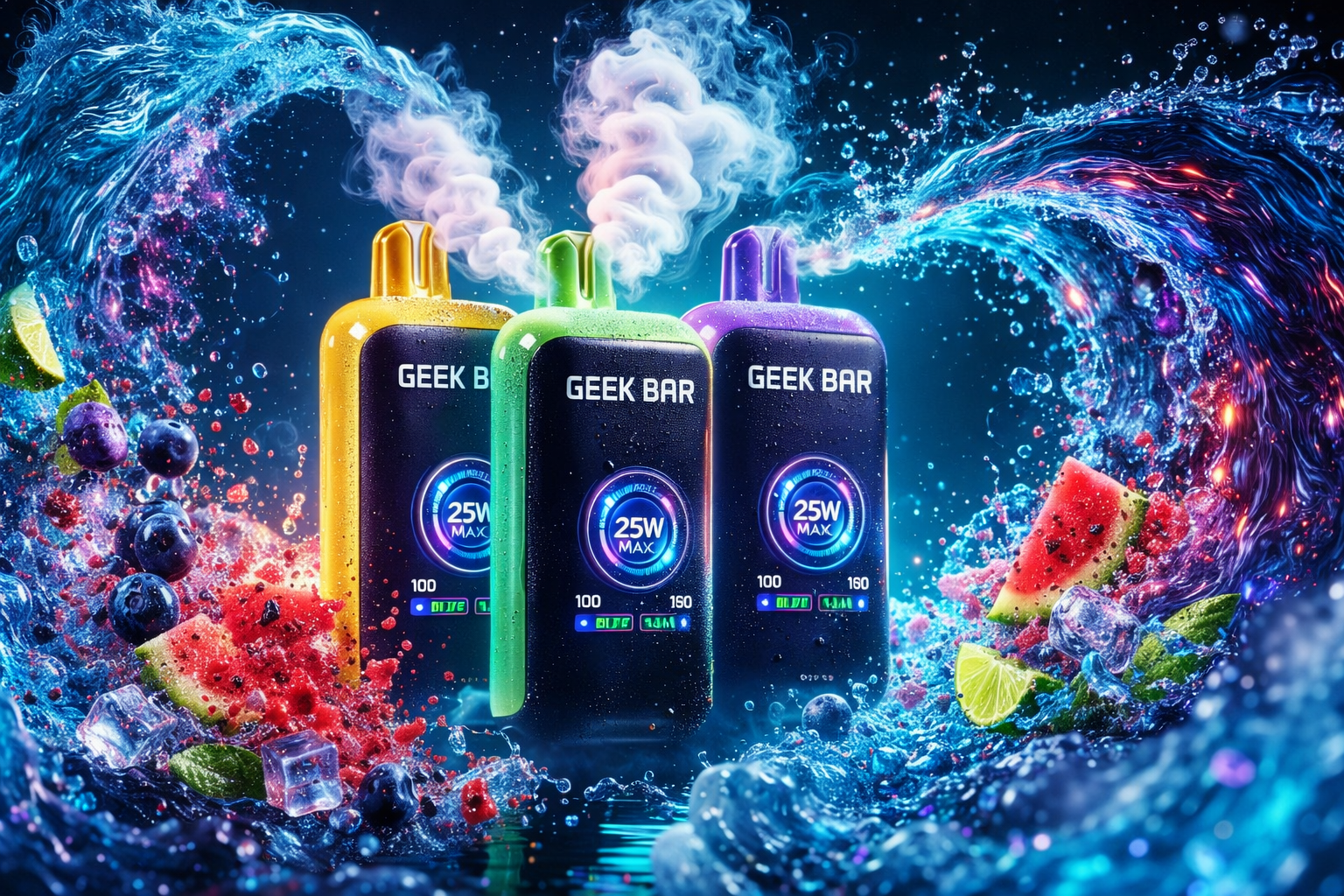 A promotional graphic displays three Geek Bar vape devices in yellow, green, and purple, standing upright amidst a dynamic splash of water and ice. Each device features a large circular digital screen showing a 