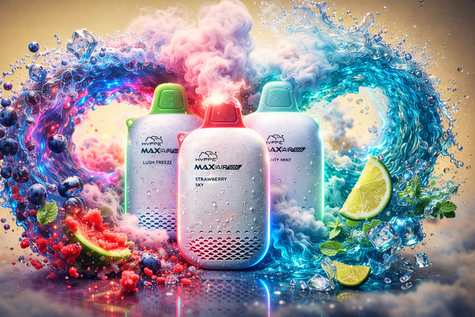 Visually dramatic product render showcases three Hype Max Air 5000 vape devices against a split elemental backdrop. The device on the left, with its green cap and 