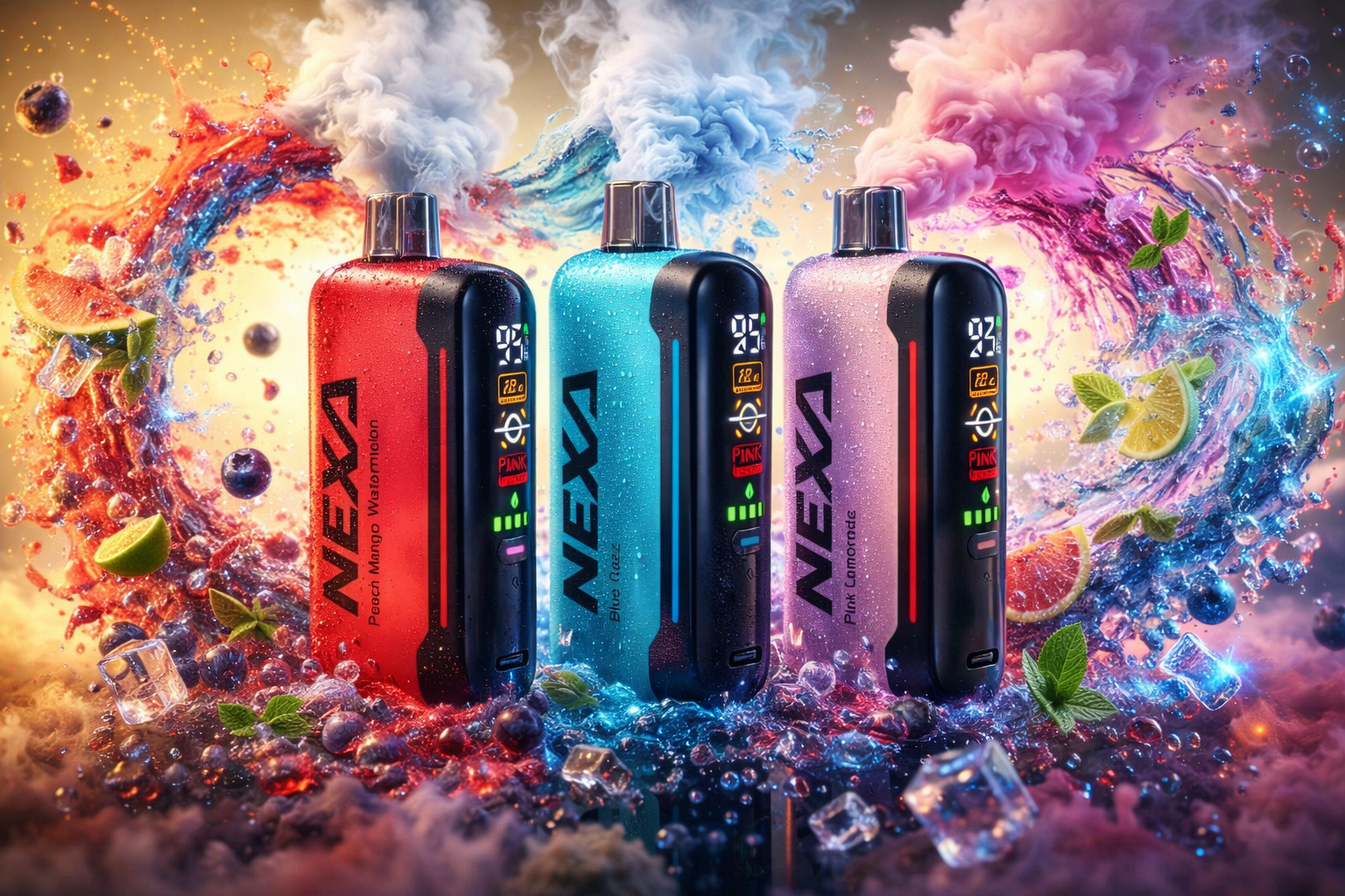 Three colorful NEXA disposable vape devices are displayed with dramatic clouds of smoke, glowing water splashes, floating ice cubes, and fresh fruit elements surrounding them. The image features vibrant flavor-inspired colors including red, blue, and pink, creating a futuristic luxury vape advertisement with neon lighting and detailed condensation effects. Blueberries, citrus slices, mint leaves, and sparkling liquid effects enhance the energetic and premium vaping atmosphere.