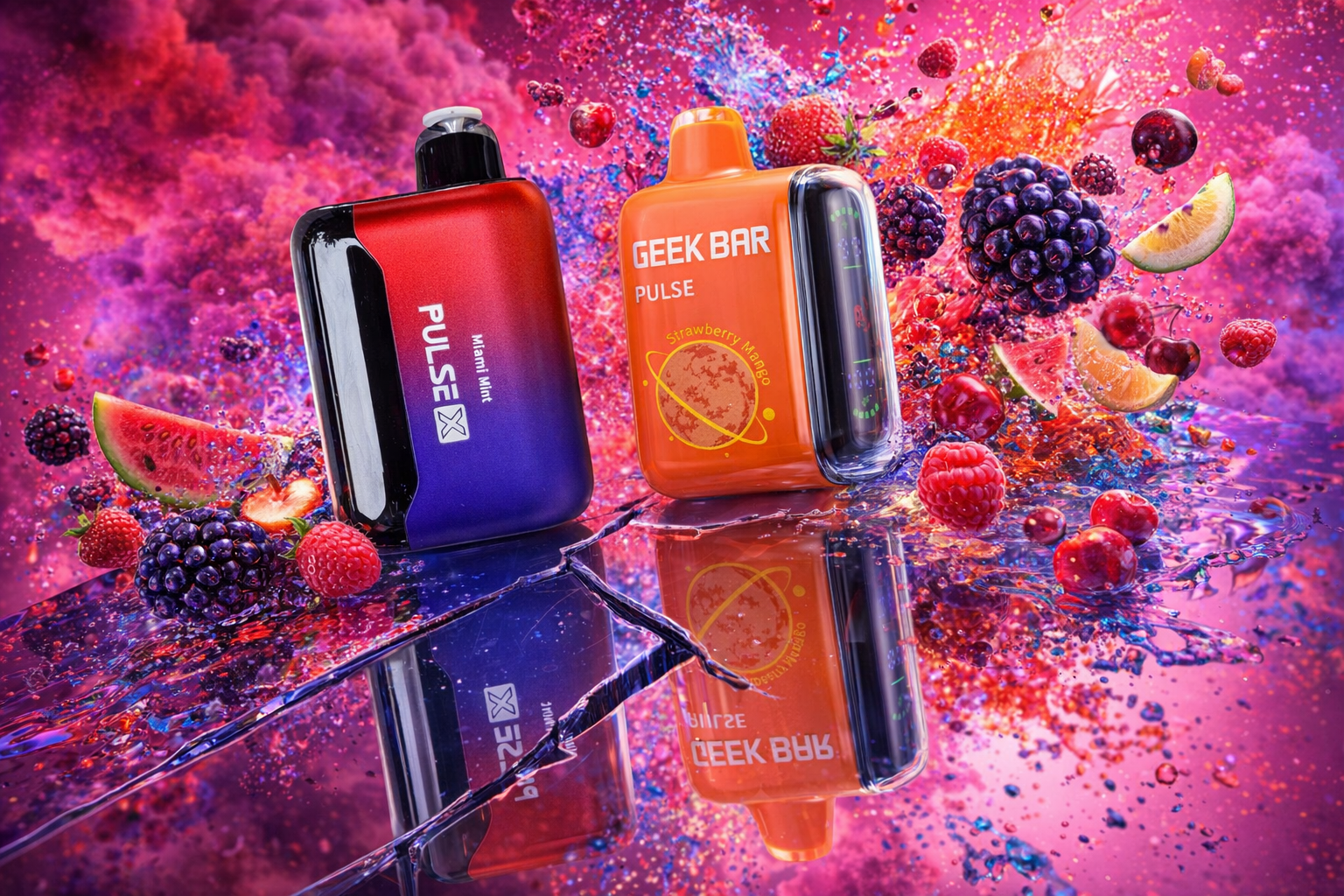 A vibrant promotional image features two disposable vape devices standing side-by-side on a shattered, reflective surface amidst a dramatic explosion of colorful fruits and liquid. On the left is a red-to-purple gradient Pulse X with a metallic trim, and on the right is an orange Geek Bar Pulse with a planet graphic, labeled 