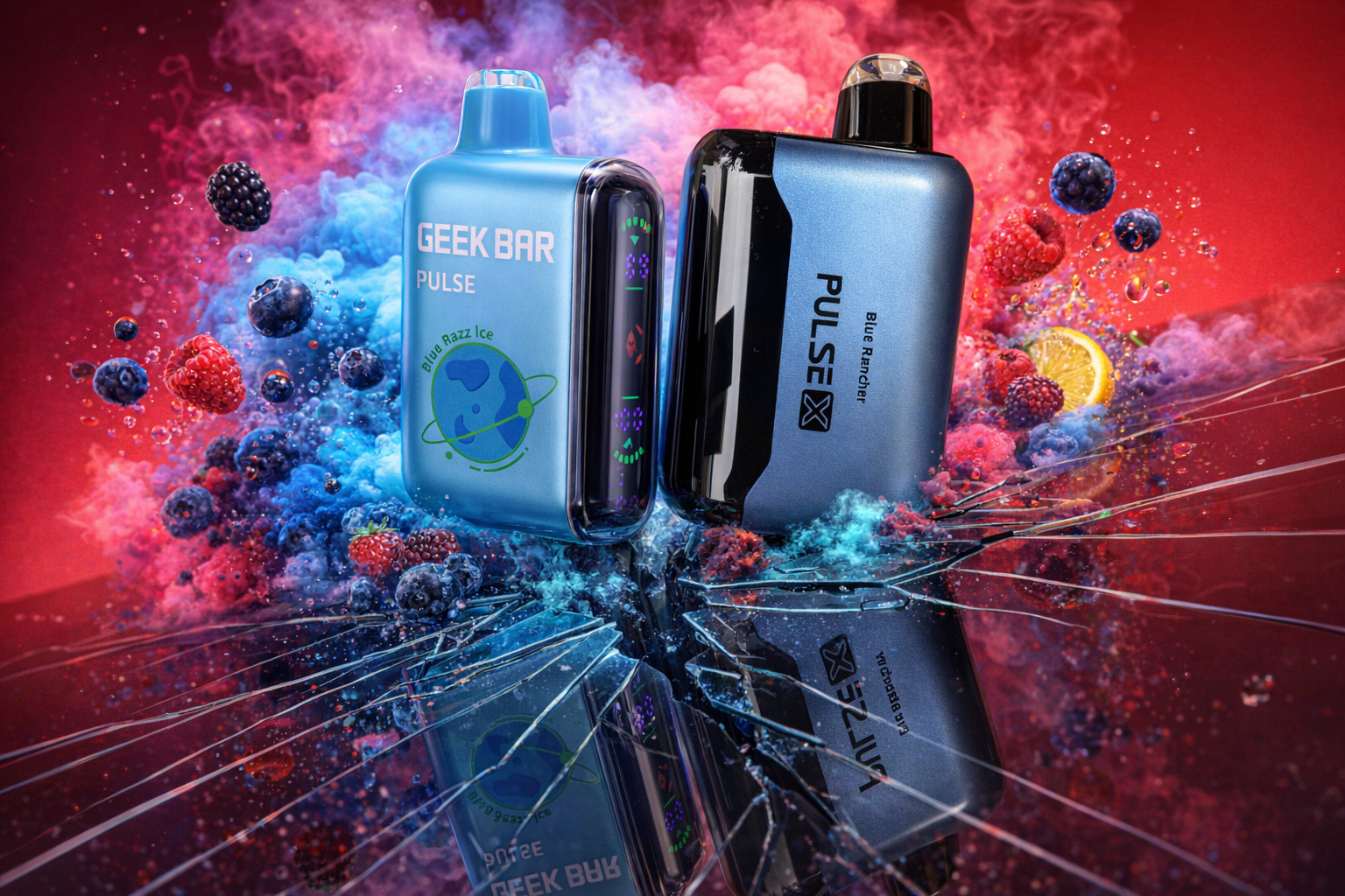 A vibrant product shot features two GEEK BAR PULSE vape devices resting on a fractured, reflective purple surface. Swirling clouds of pink and blue smoke fill the background, dynamically intertwined with floating fresh berries, including blueberries, raspberries, and blackberries, and orange slices. The left vape, a light blue device labeled 