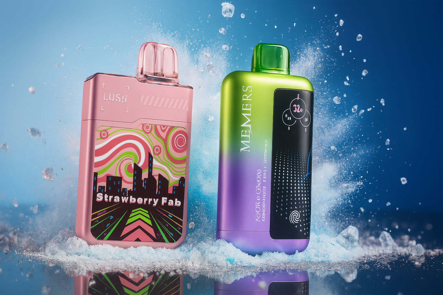 A product shot features two disposable vapes, one pink and one green and purple, resting on a bed of ice with water splashing around them. The pink vape on the left is labeled 