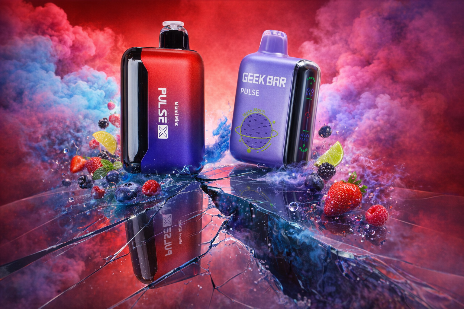 A cinematic product shot features two GEEK BAR disposable vapes, a red-to-purple gradient 