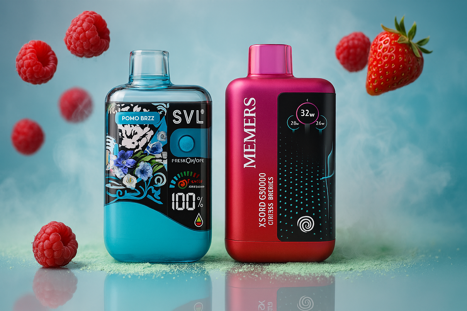 An eye-level shot shows two stylishly designed vape devices. The one on the left is light blue with a floral pattern and the one on the right is fuchsia with the word 