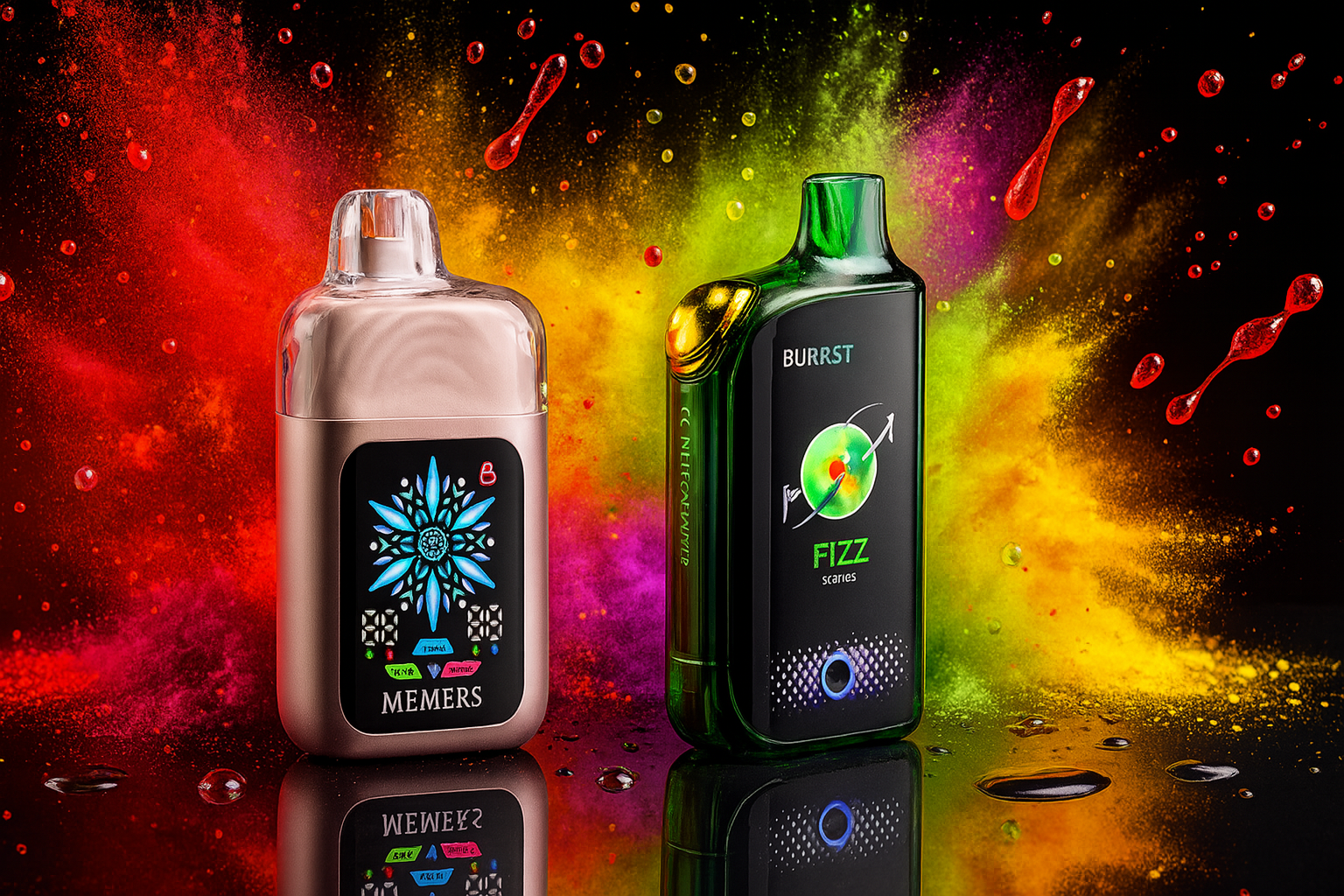 A dynamic product image shows two disposable vapes on a reflective surface against a dark background with a colorful explosion of powdered paint in red, yellow, pink, and green. The vape on the left is a metallic rose gold color, with a digital screen displaying a glowing snowflake-like symbol and the word 