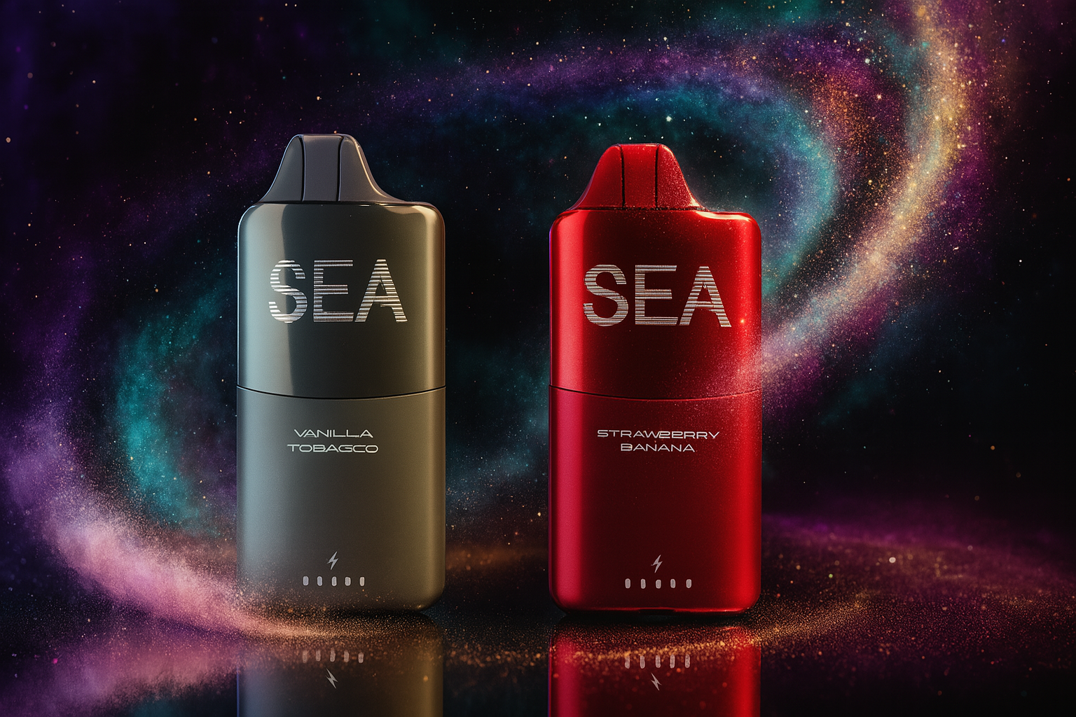 A striking image features two sleek disposable vapes on a reflective surface against a dark, cosmic background with swirling galaxies. The vape on the left is a two-toned dark gray, while the one on the right is a vibrant metallic red. Both devices have a minimalist design with a small circular icon and an array of lights at the bottom.