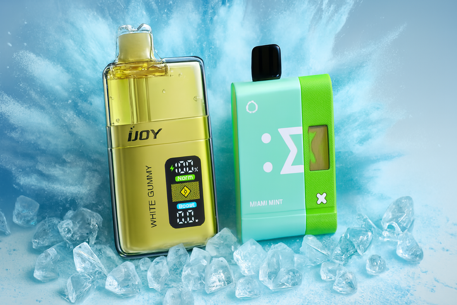 A close-up product shot features two vapes resting on a bed of ice with a splash of water and ice fragments in the background. The vape on the left is a transparent yellow, revealing the inner components and a digital screen, while the one on the right is a two-toned mint green and lime green. Both devices have a distinctive modern and colorful design, with one having a clear mouthpiece and the other a black one.
