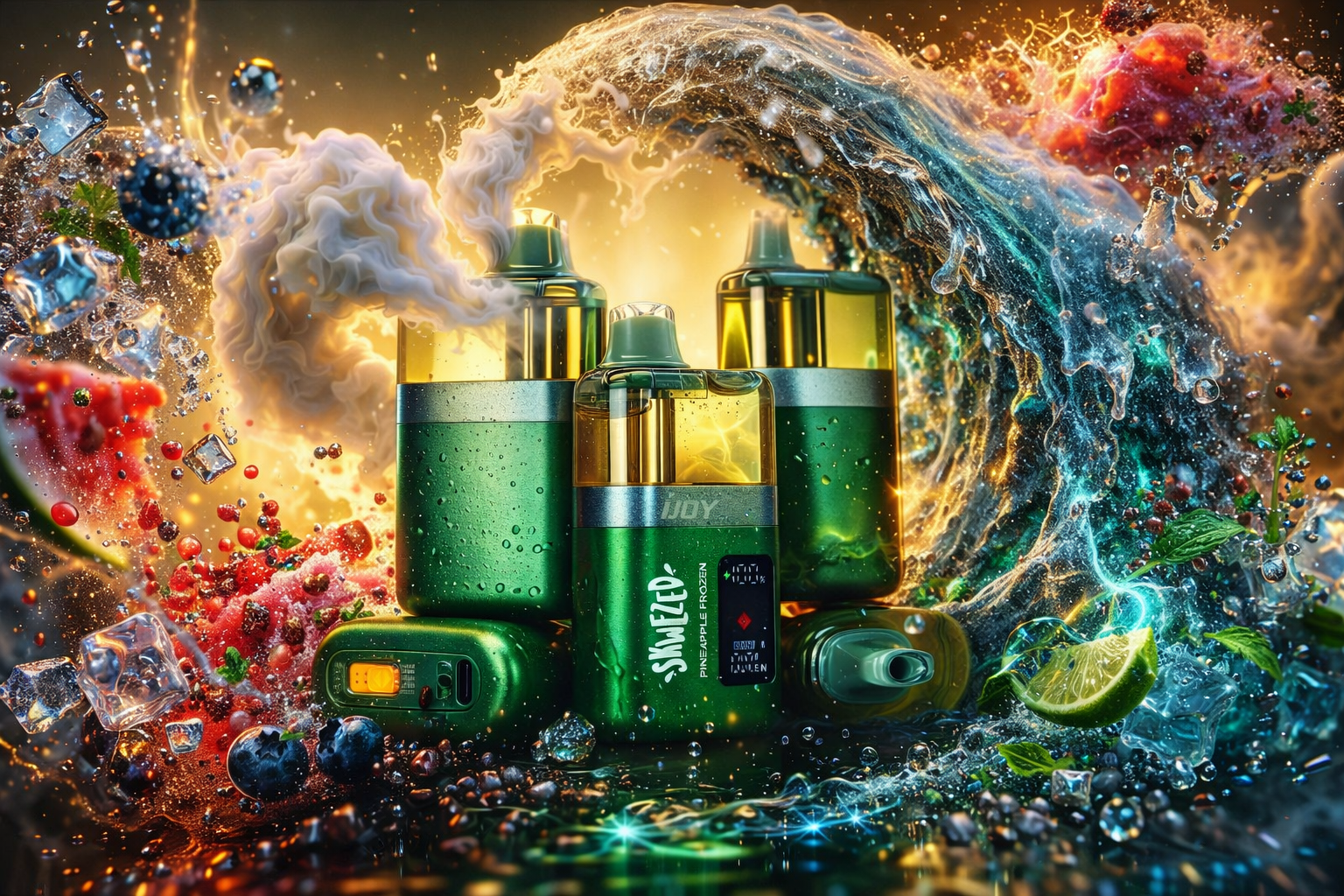 A collection of metallic green and yellow iJOY disposable vapes, including one featuring the text 