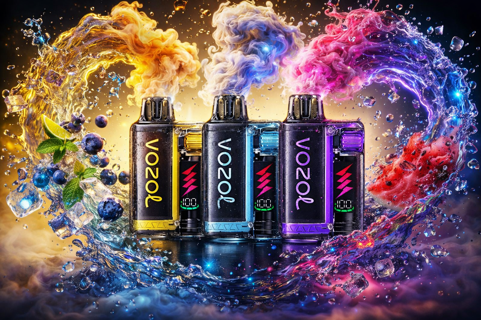 Three VOZOL disposable vapes with yellow, blue, and purple branding stand in a row, featuring digital battery screens displaying a pink lightning bolt logo. Thick, vibrant clouds of golden, lavender, and magenta vapor erupt from their mouthpieces, creating an energetic arc across the top of the scene. They are surrounded by a dynamic splash of water waves, ice cubes, blueberries, mint leaves, and a slice of watermelon, all reflecting off a glossy surface below.