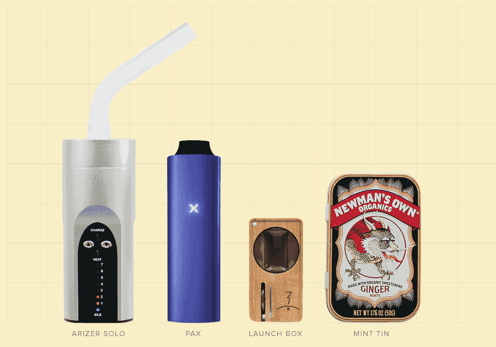 comparing Arizer Solo, Pax, Magic Flight and an Altoids mint tin for size reference