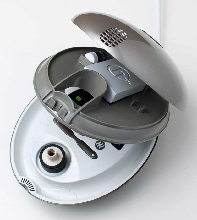 The Herbalizer Vaporizer, opened up to show the storage compartment and color screen.